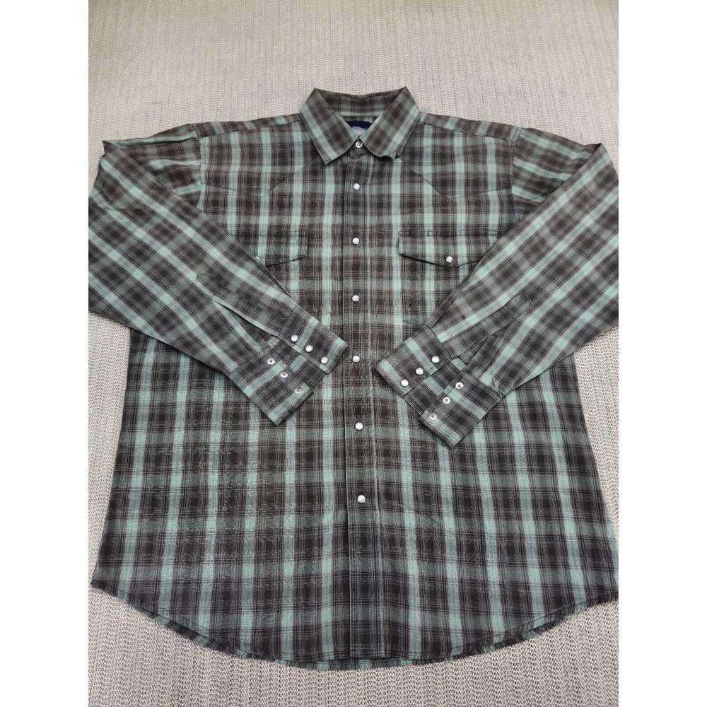 Wrangler Pearl Snap Shirt Men Large Green Gray Plaid Long Sleeve Western Cowboy